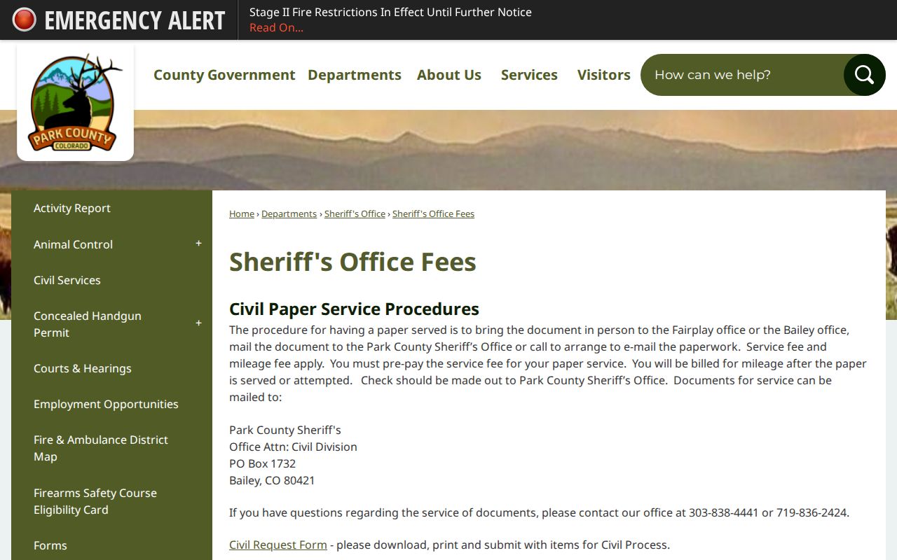 Park County booking record and photo fee schedule